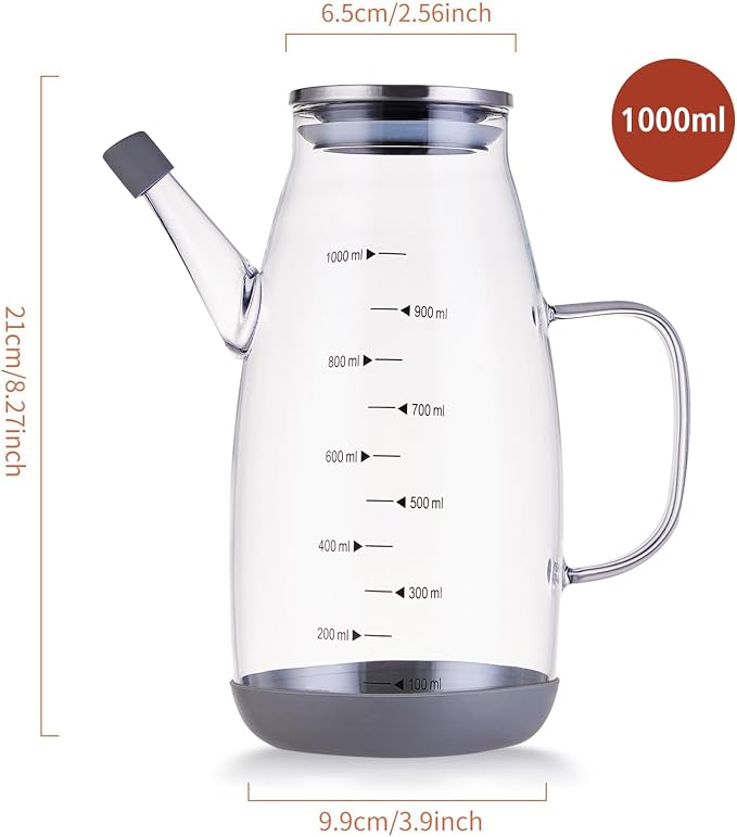 Oil Dispenser for Kitchen, 34OZ Glass Oil Bottle with Drip Free Spout and Non Slip Bottom, High Borosilicate Glass, 1000ml Capacity for Olive Oil, Vinegar, Soy Sauce, Cooking (1000ml)
