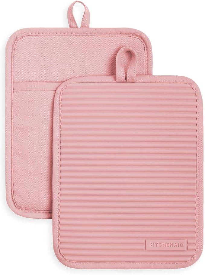 KitchenAid Ribbed Soft Silicone Pot Holder 2-Pack Set, Dried Rose, 7"x9"