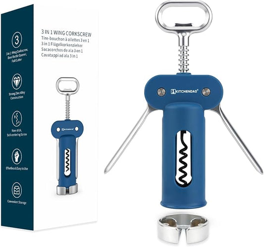 KITCHENDAO Luxury 3 in 1 Wine Opener with Foil Cutter, Beer Bottle Opener, Sturdy Zinc Alloy Wing Corkscrew with Self-centering Non-stick Sharp Screw, Easy to Remove Cork, Manual Corkscrew (Blue)