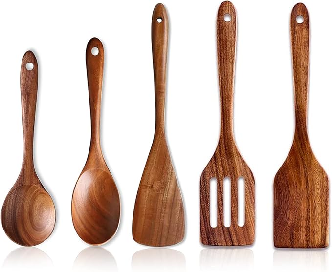5 Pcs Best Wooden Spoons for Cooking Kitchen Utensils Set Acacia Wood Cooking Spatula Turner Non Toxic Utensil Slotted Serving Spoon Flat Spatulas Set Wooden Utensis Mixing Cooking Spoon