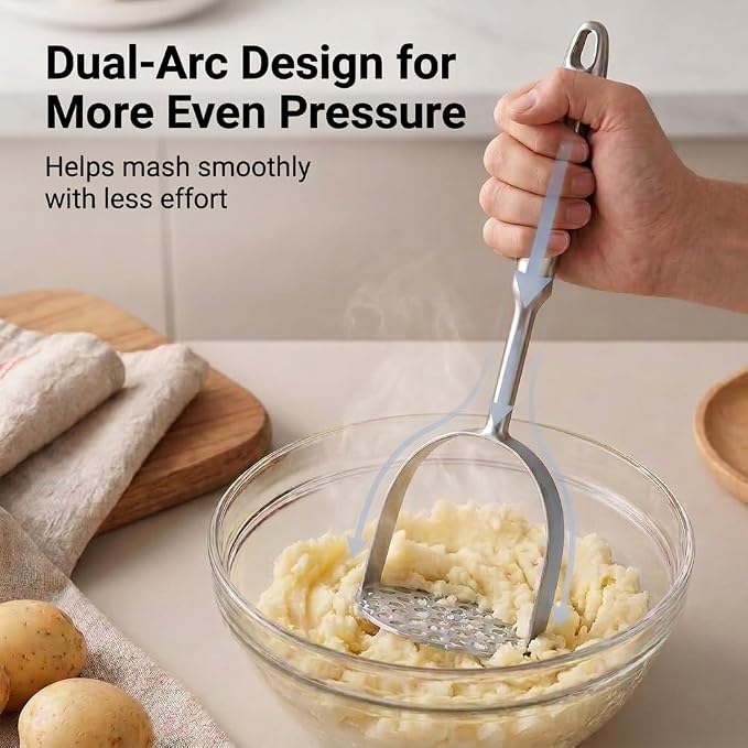 Potato Masher, Heavy Duty 304 Stainless Steel Potato Masher, One-Piece 37-Hole Plate for Smooth Mashing, Dishwasher Safe, Silicone Spatula Included