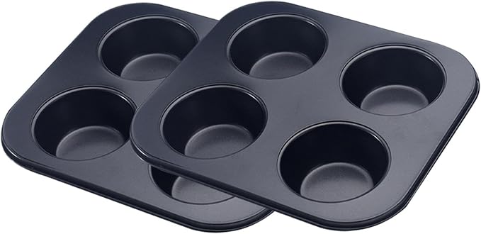 4 Cup Muffin Pan for Oven Baking, Carbon Steel Cupcake Baking Pan Nonstick Round Mini Muffin Tin Pie Pans Cake Mold for Making Muffins Cupcakes Frittatas Tarts Pudding(Black 2 pcs)