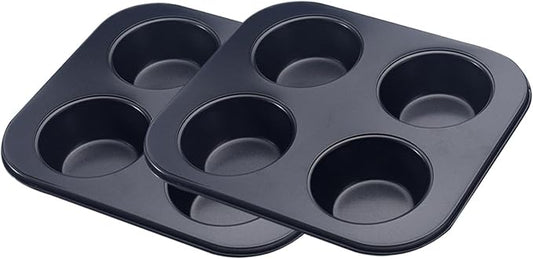 4 Cup Muffin Pan for Oven Baking, Carbon Steel Cupcake Baking Pan Nonstick Round Mini Muffin Tin Pie Pans Cake Mold for Making Muffins Cupcakes Frittatas Tarts Pudding(Black 2 pcs)