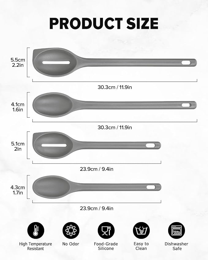 Silicone Cooking Spoons Set, Heat Resistant Kitchen Utensils, Non-Stick BPA Free Solid & Slotted Spoons for Mixing, Scooping, Draining, Serving, Basting (4 Pack) (GREY)