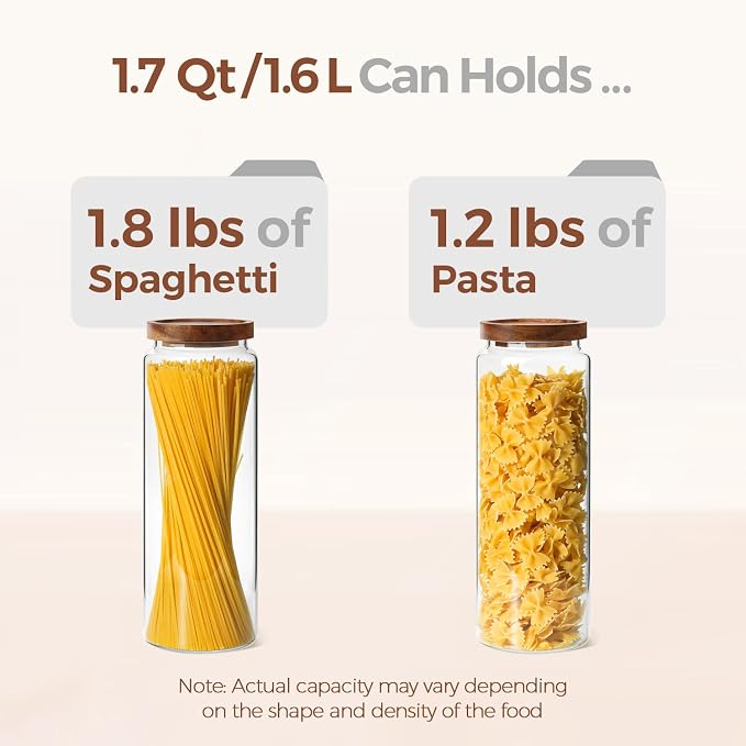 ComSaf Glass Pasta Storage Containers with Acacia Wood Lids 1.7Qt 3Pack | 11.3in Tall jar, for Cooks, Spaghetti Pasta Oats Cereal Beans, Kitchen Pantry Cabinet, Long Canisters with Labels, Durable