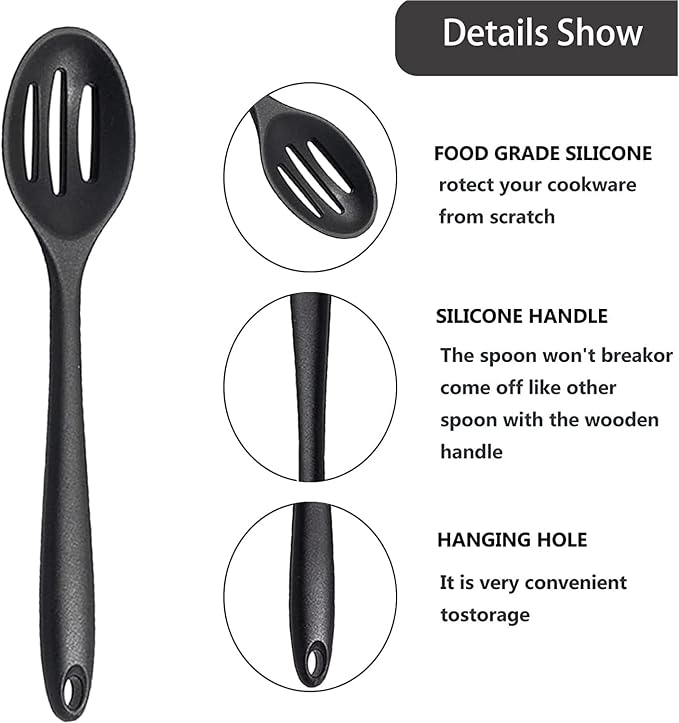 Linwnil 4 Pieces Silicone Slotted Spoons,10.6 Inch Nonstick Mixing Serving Spoons for Kitchen Cooking Bake Stir Draining Tool (2, Black)