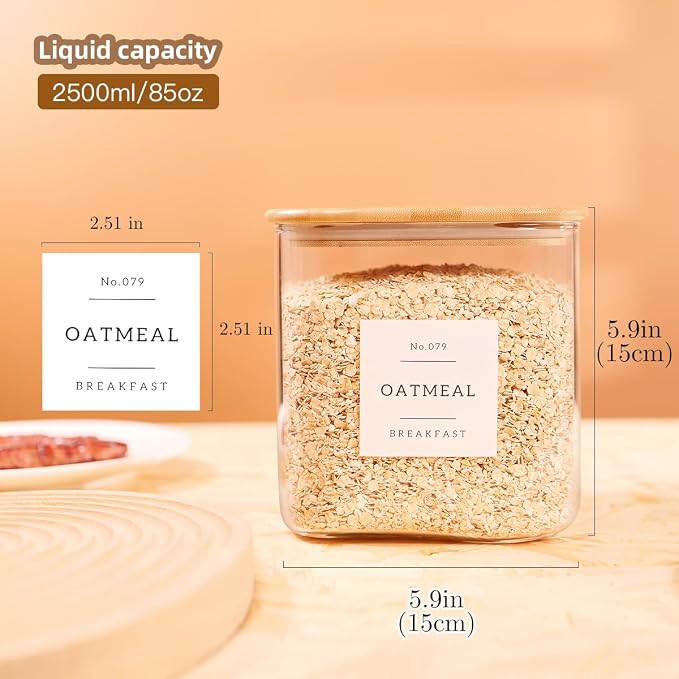 2 Pack Square Glass Flour and Sugar Containers with 132 Kitchen Pantry Labels - Thicken 85 FL OZ Large Glass Storage Jars with Airtight Bamboo Lid - Big Food Canisters for Cookies, Candy, Tea, Coffee