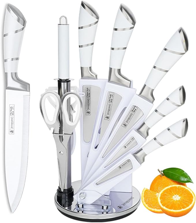 Kitchen Knife Set, 9Pcs White Knife Set with Rotation Block, Ergonomical Handle,Non Stick Sharp Stainless Steel Chef Knife Block Set for Home Cooking Gift