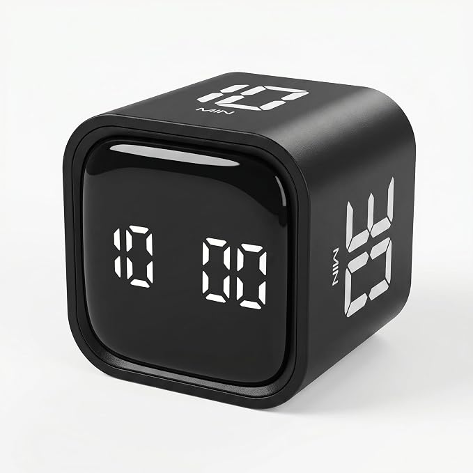 Pomodoro Timer Cube, Productivity Visual Timer Flip, 5/10/30/60 Min Preset Custom Countdown, ADHD Tool Rotating Countdown Stopwatch, Vibrate/High/Low Volume, for Study, Work, Game, Kitchen-Black