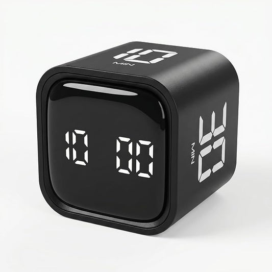 Pomodoro Timer Cube, Productivity Visual Timer Flip, 5/10/30/60 Min Preset Custom Countdown, ADHD Tool Rotating Countdown Stopwatch, Vibrate/High/Low Volume, for Study, Work, Game, Kitchen-Black