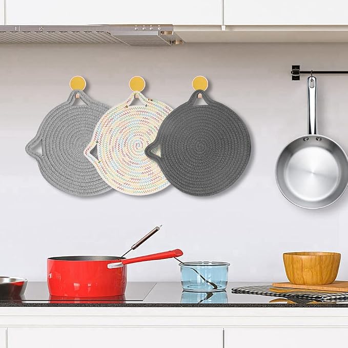 12" Pure Cotton Trivets Set with 0.35" Thick (3 Pcs, Grey) | Tightly Woven, Machine Washable, Heat Resistant, Large, Cute Cat Kitchen Accessories for Hot Dishes Pots Pans, Decor, Gift