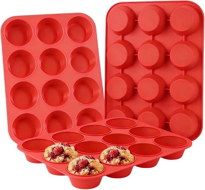 CAKETIME Silicone Muffin Pan 3 Pack Regular 12 Cup Muffin Tin for Baking Banana Muffins Cupcakes Egg Muffins