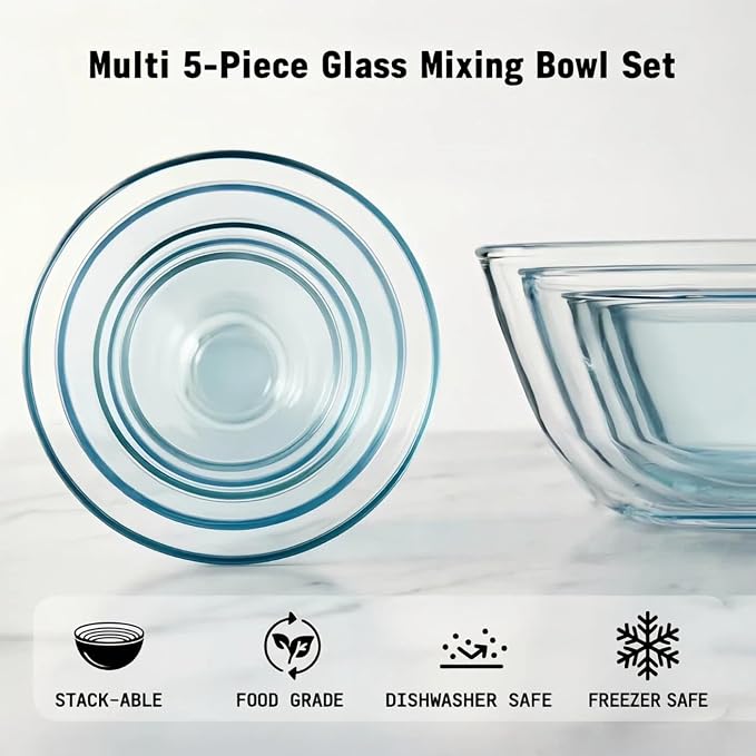 Cuiselect 5pc Glass Mixing Bowls with Lids Set (4.65QT, 2.80QT, 1.64QT, 1.16QT, 0.85QT), Nesting Salad Bowl, Large Glass Mixing Bowl for Cooking, Baking, Prepping-Dishwasher Microwave Freezer Safe