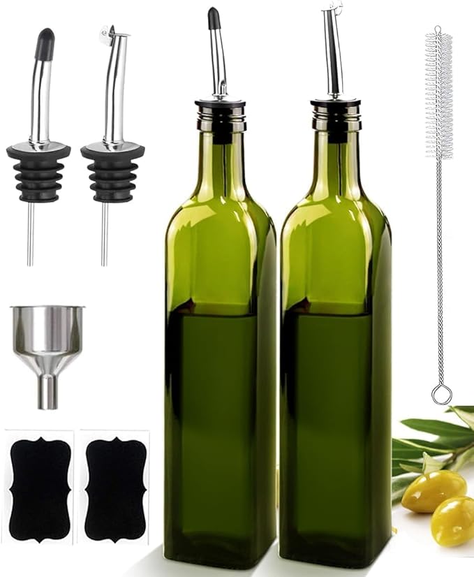 Glass Olive Oil Dispenser and Vinegar Dispenser Set with 2 Stainless Steel Pourers, 4 Labels, 1 Brush and 1 Funnel Oil Bottles for Kitchen (500ml)-Green (Olive Green)