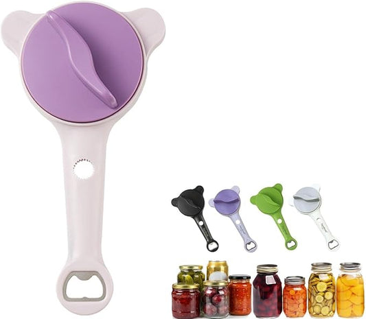 4-in-1 Multi-Functional Retractable Jar & Bottle Opener, Adjustable Stainless Steel Jar Opener for Seniors & Arthritis Sufferers,Suitable for 1''-3.5'' Jars, Bottles, Cans,Beer Caps (Purple)