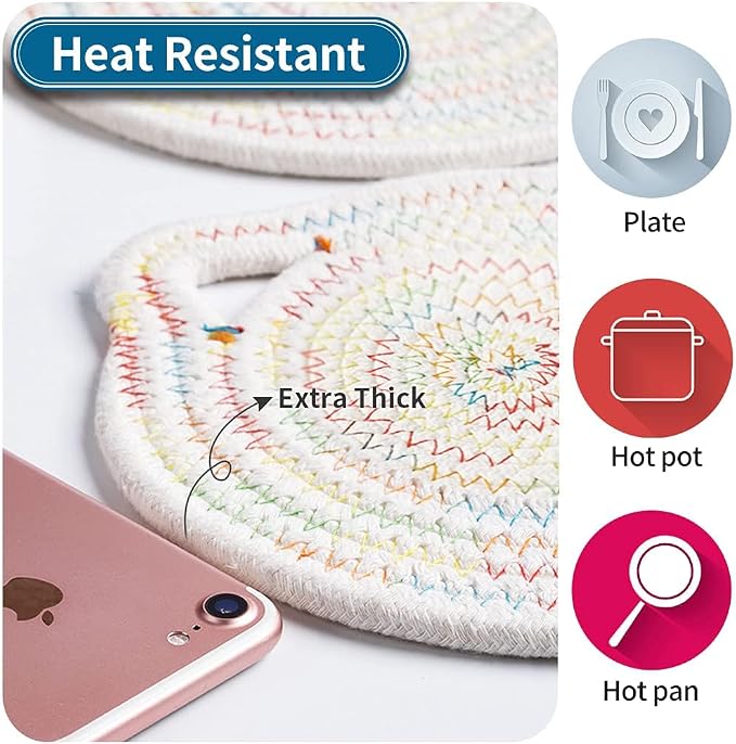 12" Pure Cotton Trivets Set with 0.35" Thick (3 Pcs, Blue) | Tightly Woven, Machine Washable, Heat Resistant, Large, Cute Cat Kitchen Accessories for Hot Dishes Pots Pans, Decor, Gift