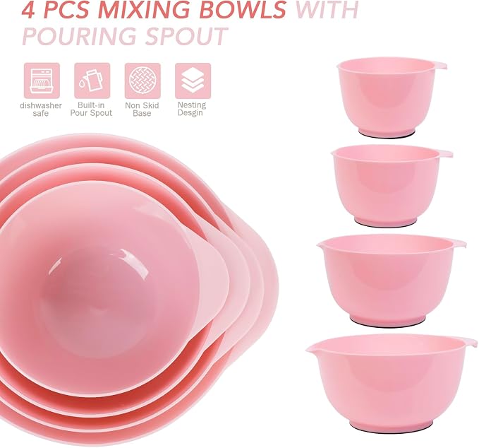 BoxedHom Classic Mixing Bowls Set of 4, BPA Free Microwave Safe,4.5 Quart | 3.5,2.5 and 1.7 QT, Non-slip Base Large Non-toxic Plastic Nesting Bowl with Pour Spout, Dishwasher Safe, for Prep, Cooking