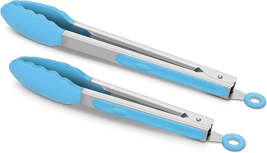 2 Pack Silicone Kitchen Tongs – 9" & 12" Set, Heat Resistant up to 500°F, Non‑Stick Cookware Safe, Wavy Silicone Tips, BPA Free, Locking Clip & Hanging Loop, Blue