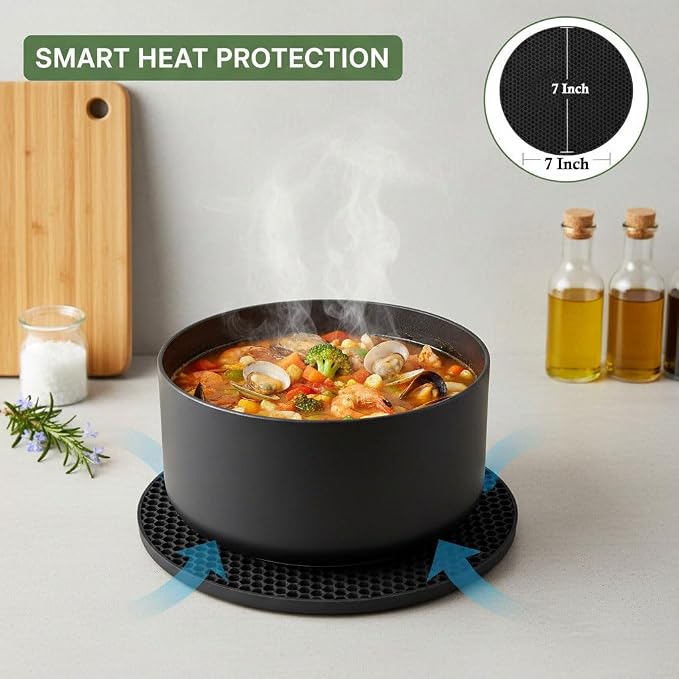 Silicone Trivet Mats, 4-Pack Heat Resistant Pot Holders – Non-Slip Flexible Silicone Hot Pads for Pots, Pans, Countertops & Table Protection (Black - 4 Pack, 7 Inch)