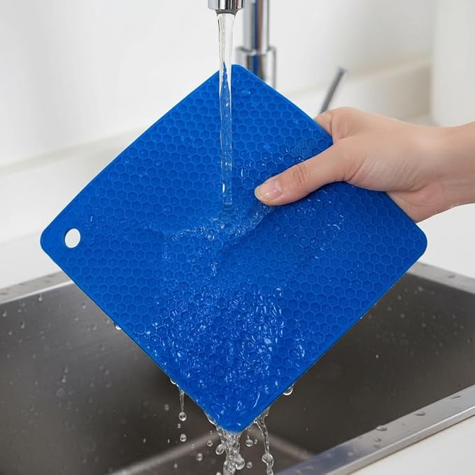 6-Pack Silicone Trivet Mats, Heat Resistant Hot Pads, Dishwasher Safe Kitchen Mats, BPA-Free Pot Holders for Table, Countertop, Stove, Honeycomb Design (Dark Blue, 7" Square)