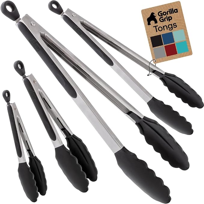 GORILLA GRIP Stainless Steel Heat Resistant Kitchen Tongs for Cooking, 7 + 9 + 12 + 14 Inch Set of 4 BBQ Tong, Non Scratch Silicone Tip for Pans, Grab Food, Toss Salad, Pull Lock, Black
