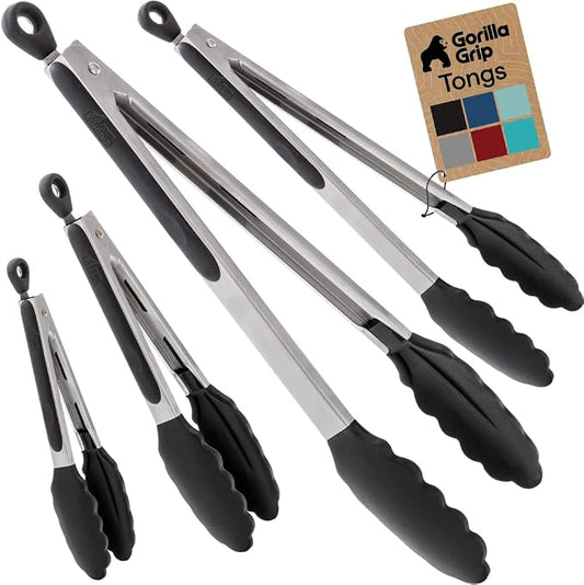 GORILLA GRIP Stainless Steel Heat Resistant Kitchen Tongs for Cooking, 7 + 9 + 12 + 14 Inch Set of 4 BBQ Tong, Non Scratch Silicone Tip for Pans, Grab Food, Toss Salad, Pull Lock, Black