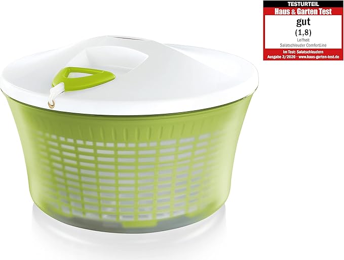 Leifheit Comfortline Signature Salad Spinner – Ergonomic Left/Right-Handed Spin, Non-Slip Base, Fast Gentle Drying, Multi-Use Bowl for Serving, Durable Hygienic White Plastic Design