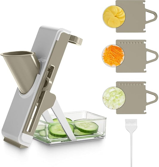 Eletronova Safe Mandoline Slicer for Kitchen, Vegetable Slicer with Container, French Fry Cutter, All in 1 Julienne Slicer for Potato, Thickness Adjustable, Detachable Blade (White Light Gray)