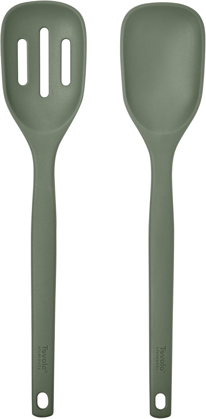 Tovolo Elements Silicone Spoon Set of 2 Mixing and Slotted Spoon Bundle for Non Stick Cooking Mixing Serving, Dishwasher Safe Heat Resistant Slotted Spoon and Mixing Serving Spoon, Thyme Green