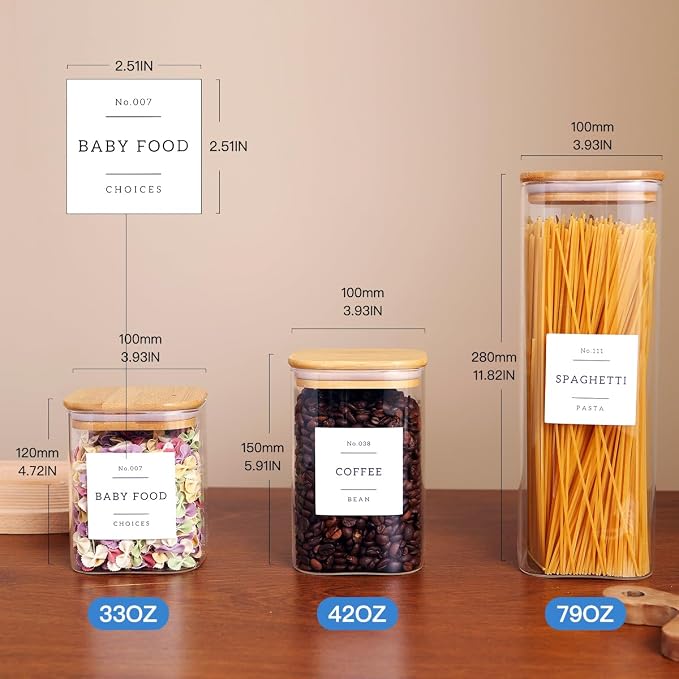 CZZGSM 5 Pack Square Glass Pantry Storage Containers with 132 Kitchen Food Pantry Labels - Clear Glass Jars with Airtight Wood Bamboo Lids - Glass Canisters for Cookies, Nuts, Cereal