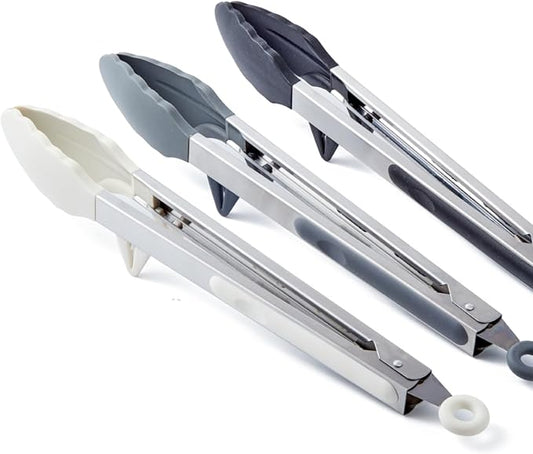 12" Kitchen Tongs, 3Pcs Tongs for Cooking with Silicone Tips, Food Grade Small Silicone Tong, Mini Serving Tong for BBQ Salad(Black,Grey,White)