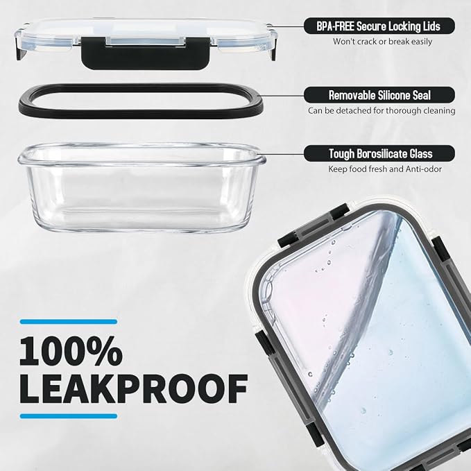 AMALEKO 42pcs Glass Food Storage Containers with Snap Locking Lids Set, Glass Meal Prep Containers (21 Container & 21 Lids),Leak Proof Lunch Containers BPA-Free,Black