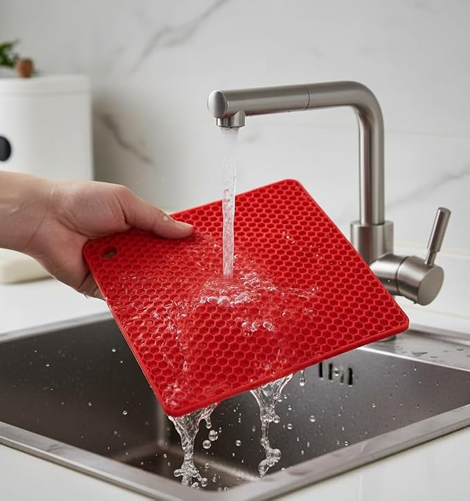 6-Pack Silicone Trivet Mats, Heat Resistant Hot Pads, Dishwasher Safe Kitchen Mats, BPA-Free Pot Holders for Table, Countertop, Stove, Honeycomb Design (Red, 7" Square)
