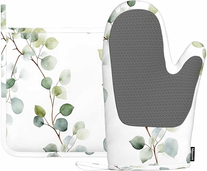 Mxocom Green Leaves Silicone Oven Mitts and Pot Holders Sets Eucalyptus Round Leaf Foliage Branches Twig Natural Plant Repeat BBQ Gloves for Kitchen,Cooking,Baking,Grilling