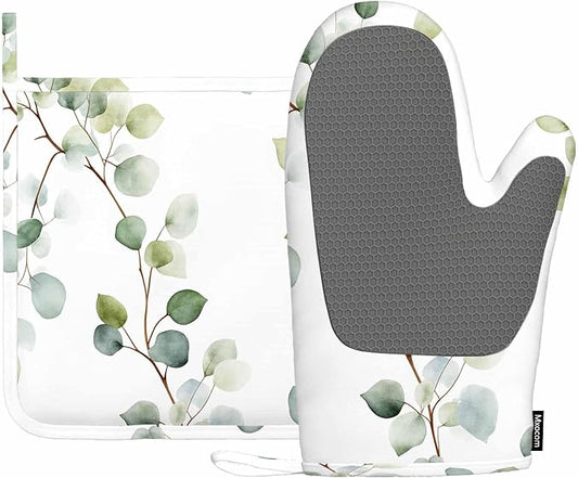 Mxocom Green Leaves Silicone Oven Mitts and Pot Holders Sets Eucalyptus Round Leaf Foliage Branches Twig Natural Plant Repeat BBQ Gloves for Kitchen,Cooking,Baking,Grilling