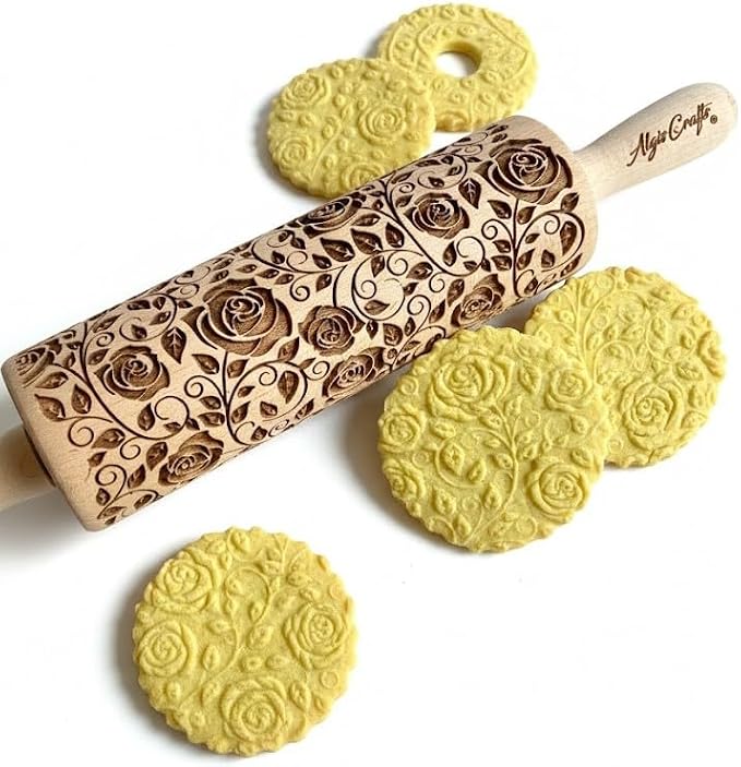 DAMASCUS ROSES Embossed Rolling Pin Wooden Embossing Dough Roller for Cookies and Ceramic by Algis Crafts