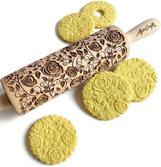 DAMASCUS ROSES Embossed Rolling Pin Wooden Embossing Dough Roller for Cookies and Ceramic by Algis Crafts