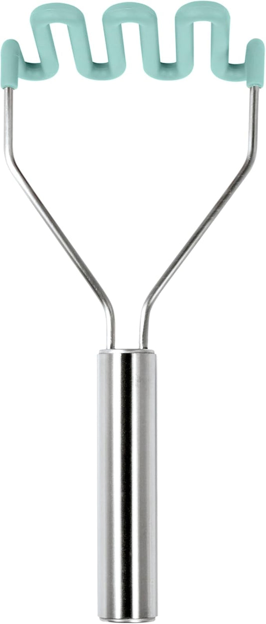 Tovolo Silicone Potato Masher Stainless Steel Handle Aqua Seafoam Green Dishwasher Safe Heat Resistant Non Scratch Handheld Coil Wire Potato Smasher for Nonstick Pans Ergonomic Kitchen Food Prep Tool