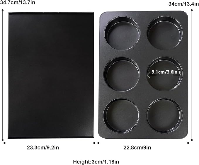 2 Pcs Muffin Top Pan with Lid, 3.6 Inch Non-Stick 6 Cup Straight Muffin Pan Cupcake Pan, Hamburger Bun Pan for Baking Egg Sandwich Frittata Cinnamon Roll
