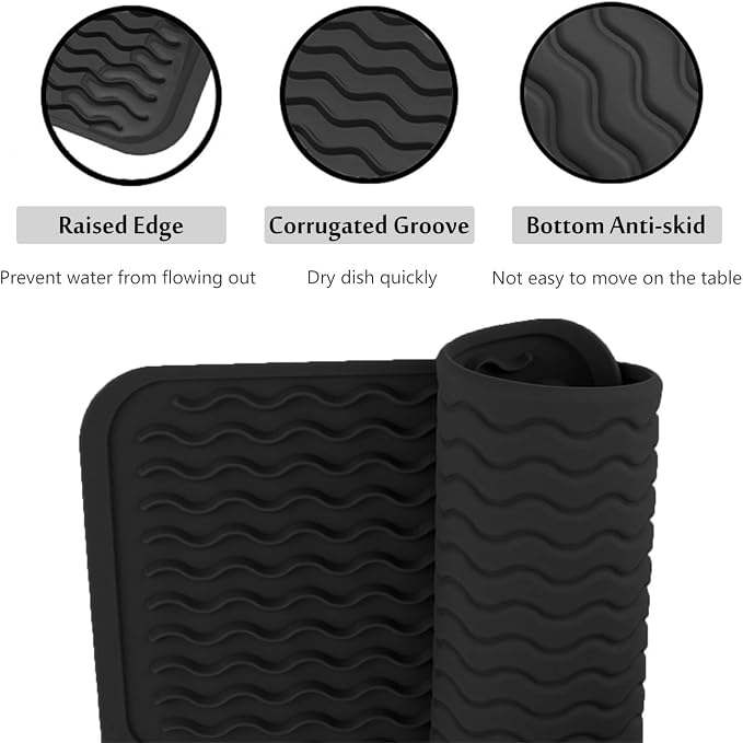 Large Dish Drying Mat, Multiple Usage Silicone Mats for Multiple Usage, Drying Mat for Kitchen Counter, 12 inches x 16 inches (Black)