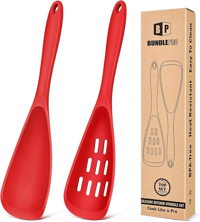 Pack of 2 Cooking Spoons for Non Stick Cookware, Multifunction Spatula Spoon BPA-Free, One-Piece Design, Suitable for Scooping, Scraping, Serving and Mixing (RED)