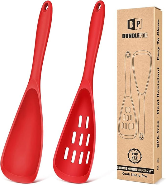 Pack of 2 Cooking Spoons for Non Stick Cookware, Multifunction Spatula Spoon BPA-Free, One-Piece Design, Suitable for Scooping, Scraping, Serving and Mixing (RED)