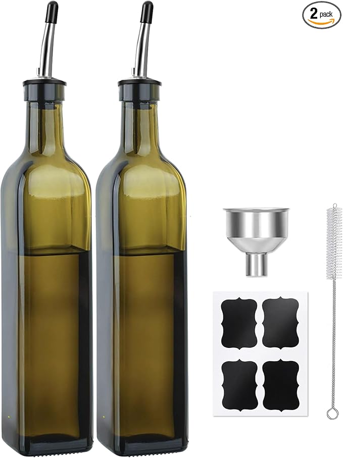 2-Pack Olive Oil Dispenser Bottle Set - 17oz/500ml Dark Green Glass Oil and Vinegar Bottles for Kitchen, Includes 2 Stainless Steel Pourers, Funnel, Brush & 4 Chalkboard Labels