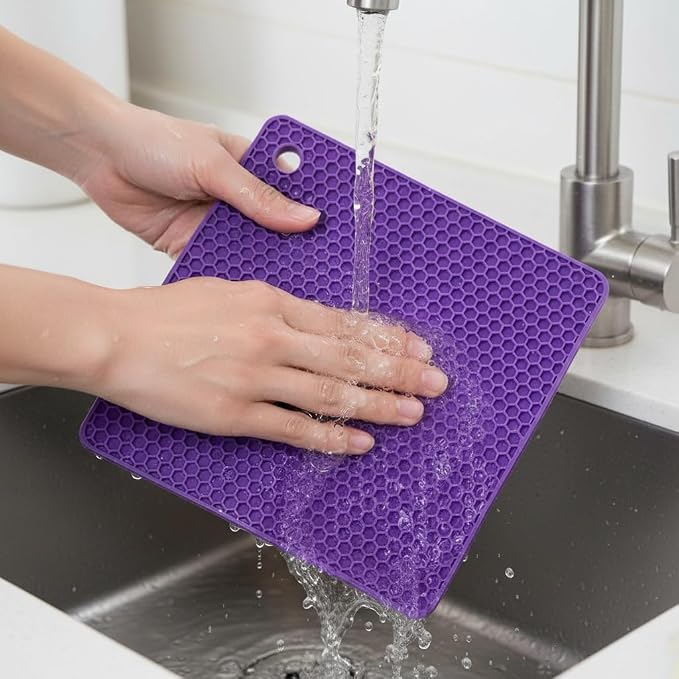 6-Pack Silicone Trivet Mats, Heat Resistant Hot Pads, Dishwasher Safe Kitchen Mats, BPA-Free Pot Holders for Table, Countertop, Stove, Honeycomb Design (Purple, 7" Square)