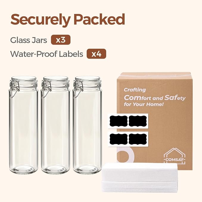 ComSaf Tall Glass Pasta Containers with Airtight Lids 68 oz 3 Pack Canister | Spaghetti linguine, Long pasta storage, Breadsticks, Vertical pantry organization, Cabinet organization, Dry food storage