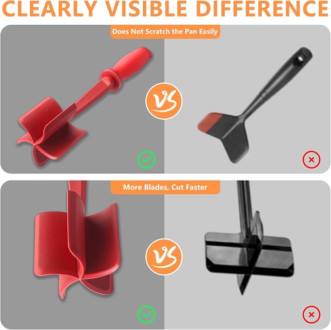 Meat Chopper, Multifunctional Hamburger Meat Chopper, Professional Heat Resistant Nylon Meat/Potato Masher - Safe for Non-Stick Cookware, Chop, and Stir Meat Masher Tool, Red.