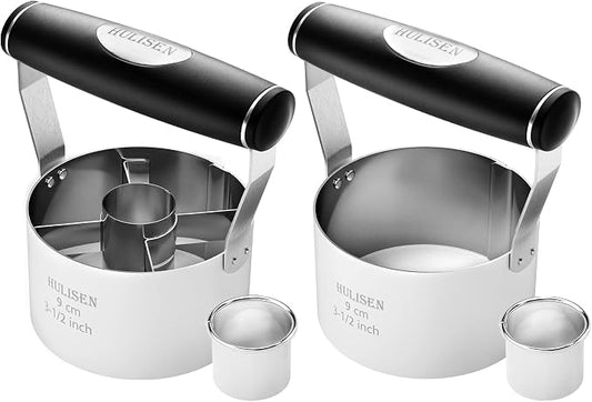HULISEN Donut Cutter & 3.5 inch Biscuit Cutter (Set of 2), with Soft Grip Handle, Bonus 2 Pcs Small Cookies Cutter - Stainless Steel Professional Baking Dough Tool Set, Gift Package