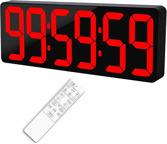 TXL 17.2" Large Digital Timer Clock, Countdown Timer for Classroom Home Gym Kitchen Office, LED Wall Clock with Remote Control, 4 Dimmable Brightness, 12/24H, Auto DST(Red)