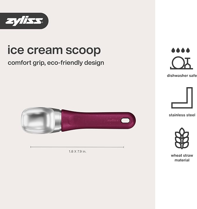 Zyliss Ice Cream Scoop - Stainless Steel Ice Cream Scoop - Dishwasher-Safe Scooper with Eco-Friendly Handle - Berry