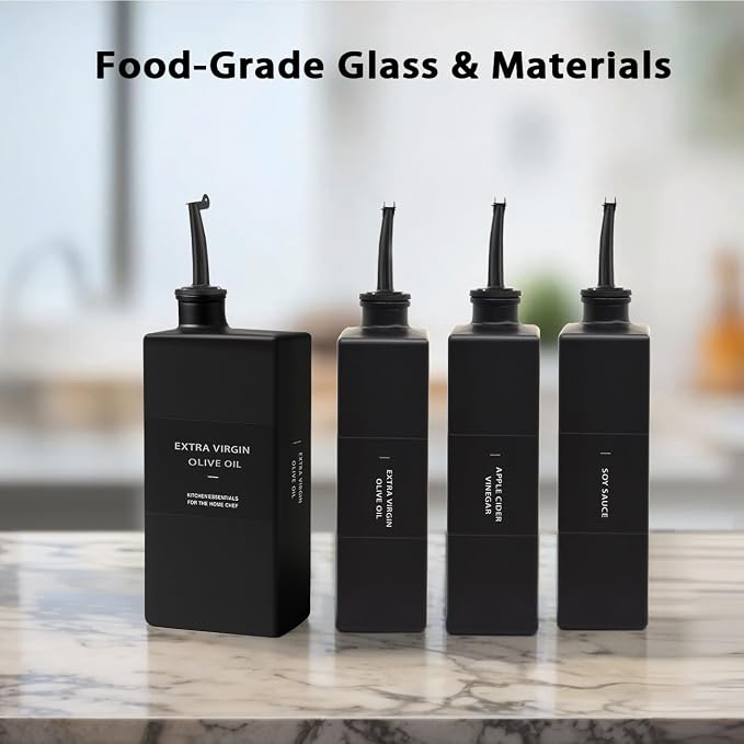 Black Glass Olive Oil Dispenser Bottle for Kitchen, UV-Blocking Oil and Vinegar Dispenser Set, Soy Sauce Dispenser, Coffee Syrup Bottles, Modern Kitchen Decor (Black, 16.9oz, 4pcs)